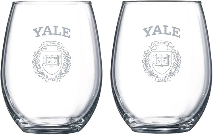 R.F.S.J. Yale University Etched Satin Logo Wine or Beverage Glass Set of 2, Clear, 15 oz, (1268)