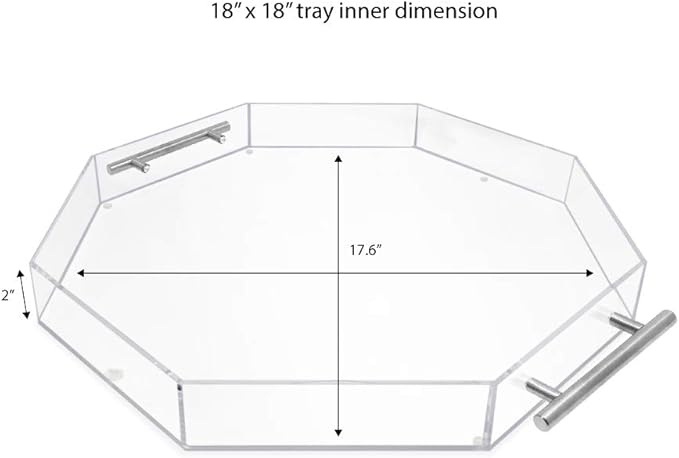 Isaac Jacobs Clear Octagon Acrylic Serving Tray (18x18) with Silver Metal Handles, Spill-Proof, Stackable Organizer, Food & Drinks Server, Lucite Storage (18x18 Octagon, Clear with Silver Handle)