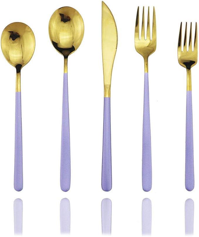 JASHII SUS304 Stainless Steel Flatware Cutlery Set For Home Kitchen Restaurant Hotel, Mirror Polished, 20-Piece Silverware Set for 4, Dishwasher Safe(Purple gold)