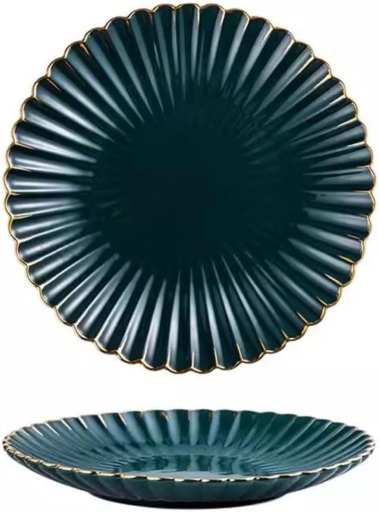 SONGCHAO Party Supplies European light luxury Western dinner plate, ceramic dark green chrysanthemum plate, dessert plate, fruit plate, cake plate Party Plates (Size : Medium)