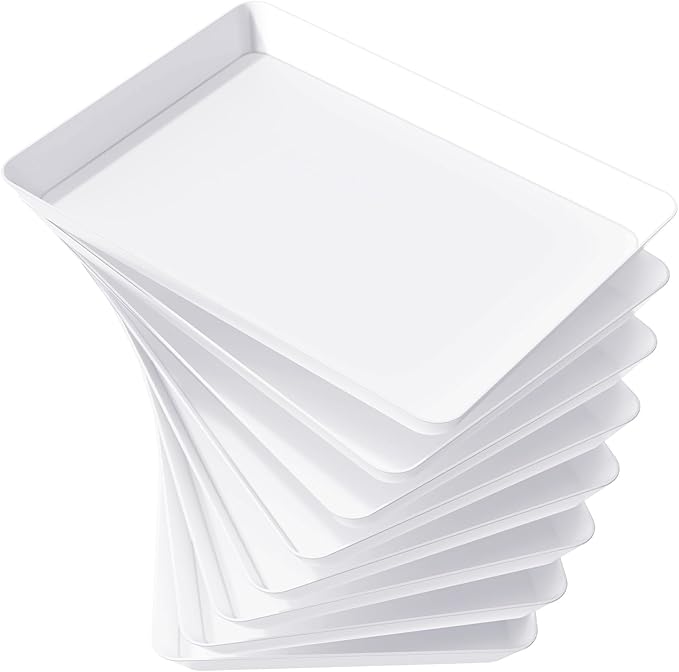 Lifewit Plastic Serving Platter for Party Supplies, 8 Pcs White Platters for Serving Food, Reusable Tray for Buffet, Fruit, Charcuterie, Snack, Rectangle, Holiday Christmas Essentials, BPA Free