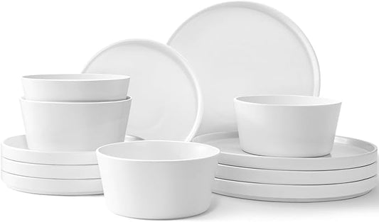 Asrug 12-Piece Plates and Bowls Sets,Ceramic Dinnerware Sets for 4, Chip Resistant and Scratch Dish Set, Dining Dinner Porcelain Dishware, Microwave and Dishwasher Safe,White Matte