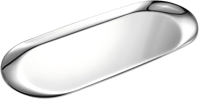9x3.8Inch Silver Stainless Steel Decorative Tray, Oval Stainless Steel Small Serving Trays for Tea Fruit, Jewelry Plate, Decorative Storage Tray