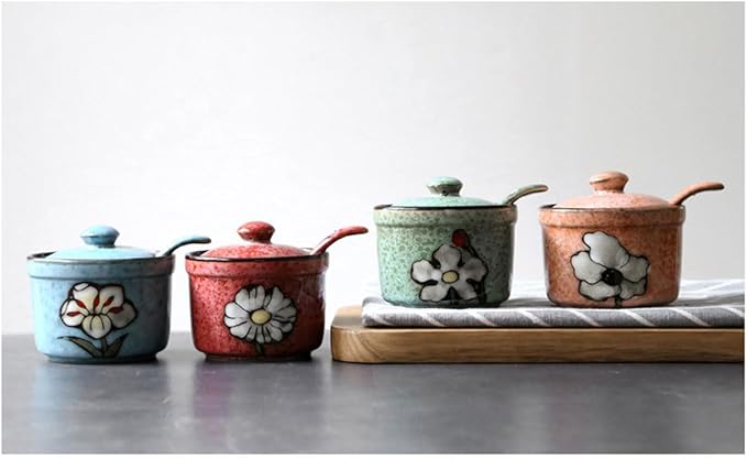 Handmade Ceramic Sugar Bowl with Lid and Spoon, 9oz Porcelain Condiment Jar with Hand-Painted Floral Design, Colorful Seasoning Container for Sugar, Salt, Spices Kitchen (Red)