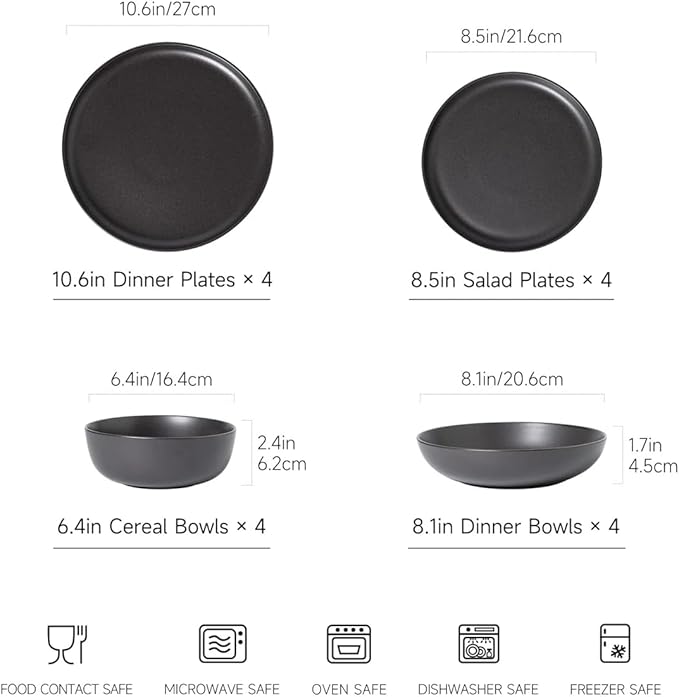 Stoneware Dinnerware Set, 16 Piece Plates and Bowls Set for 4, Microwave and Dishwasher Safe Tableware (black)