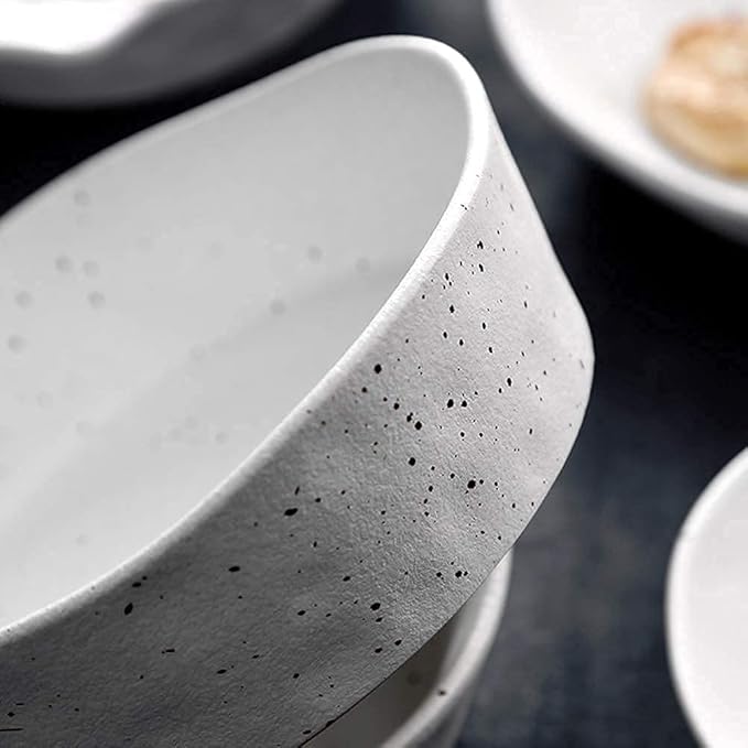 Plates Bowl Ceramic Dinnerware Set, 40 Piece Handmade Irregular Dot White Pottery Tableware Service for 6, Porcelain Dinner Dish