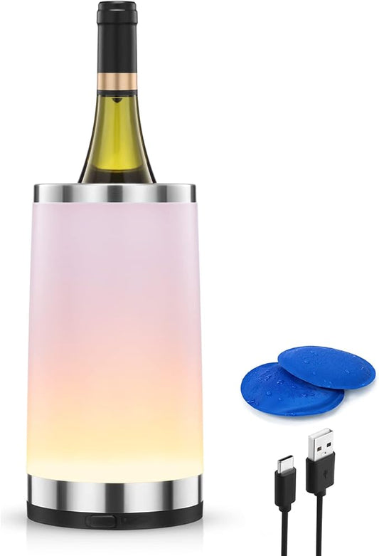 Elrigs Wine Chiller with Rechargeable RGB Touch Lamp| Wine Bottle Cooler Bucket| Double Walled Insulator with 2 Ice Pack for 750ml Champagne| Perfect Wine Gifts| Wine Accessories for Party/Dinner