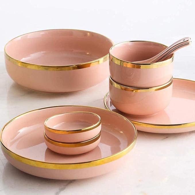 Fine Dinnerware Set,9 Pieces for 2 People Pink Phnom Penh Porcelain Dinner Set Ceramic Plate Bowl Tableware Combination Set