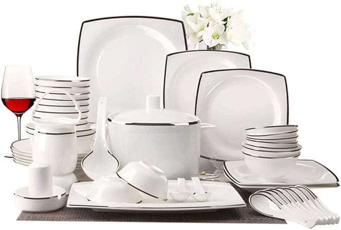 Ceramic Tableware Set, Bone Meal 45% Porcelain, Microwave Safe Tableware, White Translucent Ceramic, 56-Piece Household Tableware Set,56Piece of Package