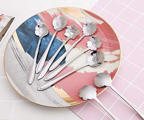 Flower Spoon Coffee Teaspoon Set, PBIEHSR Stainless Steel Two Different Lengths Spoon for Tea Party Decorations(Silver)