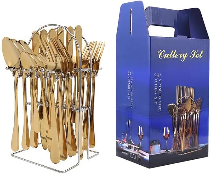 Stainless Steel Flatware Serving Set,Home Kitchen Eating Tableware Set,Dishwasher Safe,for Home Kitchen Restaurant Hote 24-Piece Stainless Steel Storage Rack Cutlery Set Hotel Cutlery Knife, Fork and