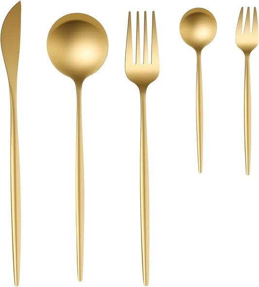 90-Piece Matte Gold Silverware Set, Stainless Steel Flatware Service for 18, Hand Forged Handle Cutlery, Dishwasher Safe for Home, Hotel & Wedding