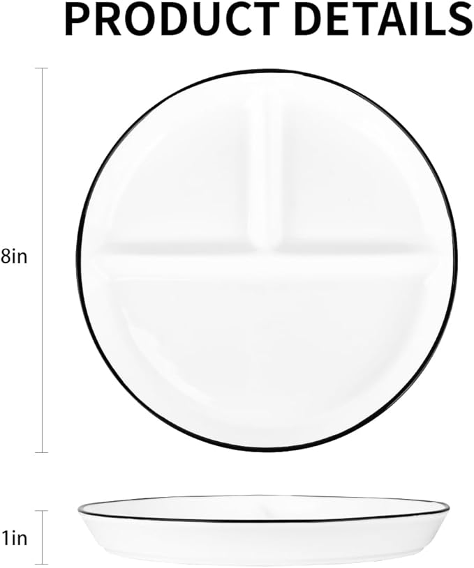 Ceramic Divided Plates Set of 4Pcs, 8 Inch Portion Control Plate, Reusable Bariatric Plate for Adults, 3 Compartment Plates, White Dinner Plates for Balanced Meal, Microwave, Dishwasher Safe
