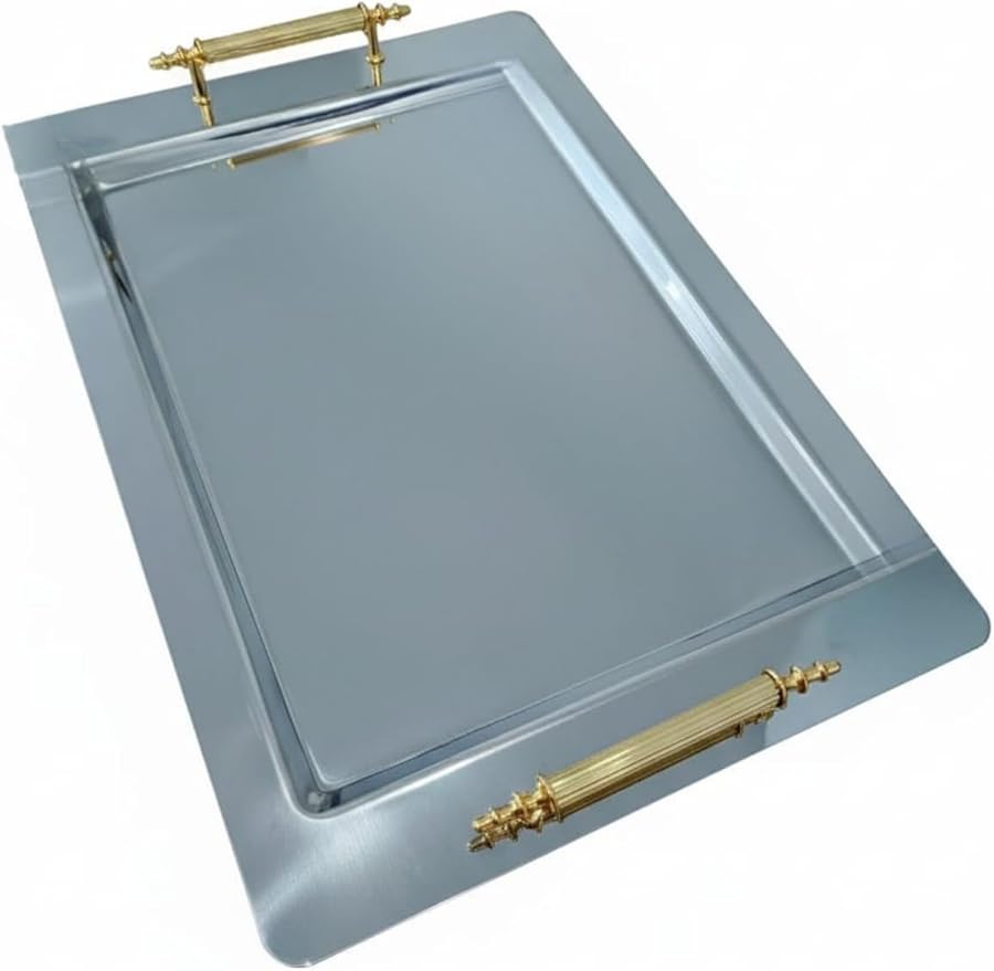 Stainless Steel Serving Tray with Gold Handles, Silver Rectangular Luxury Tray, 17.7 x 11.8 Inches, Large Serving Platter for 8 People