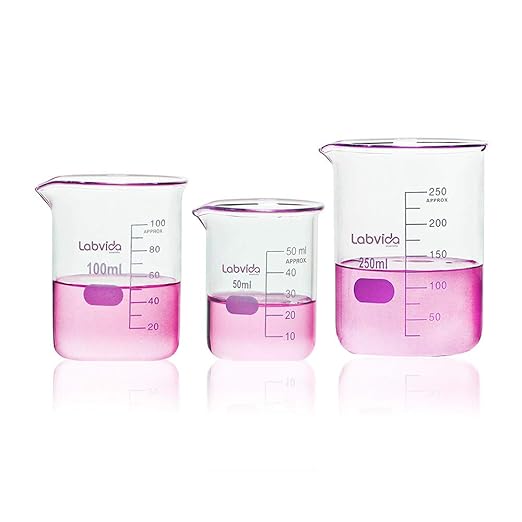 Upgrated 3 Size Low Form Beaker Set, 50ml 100ml 250ml, 3.3 Boro Glass Beakers with Printed Graduation, LVA017
