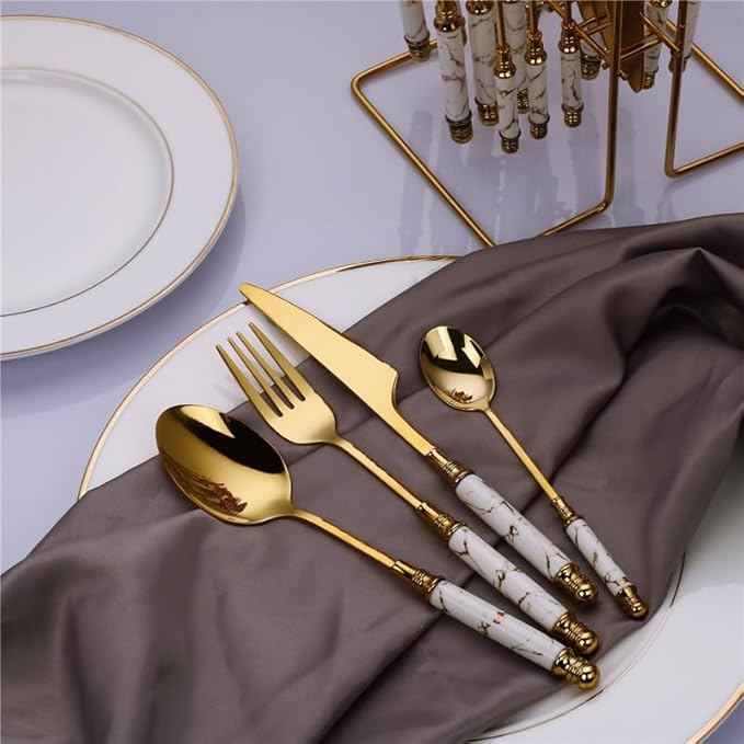 Stainless Steel Flatware serving set,Home Kitchen Eating Tableware Set,Dishwasher Safe,For Home Kitchen Restaurant Hote 24-piece Stainless Steel Cutlery With Ceramic Handles, Marble Crack Emerald Knif
