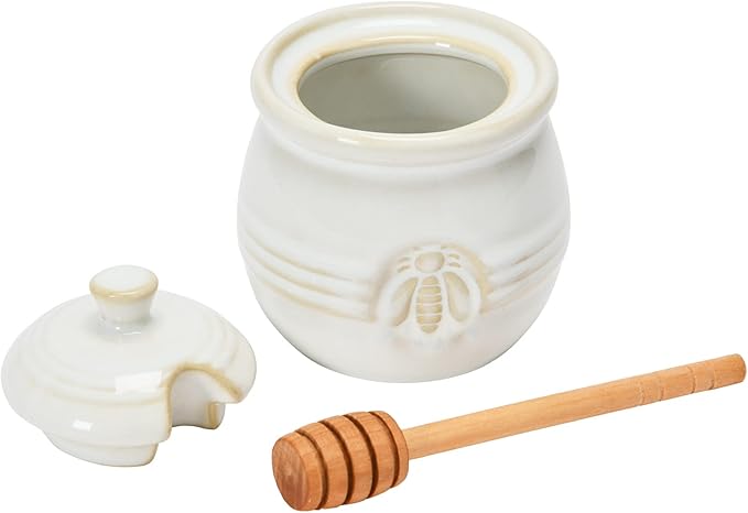 Creative Co-Op Farmhouse Embossed Stoneware Honey Pot with Wood Honey Dipper, White