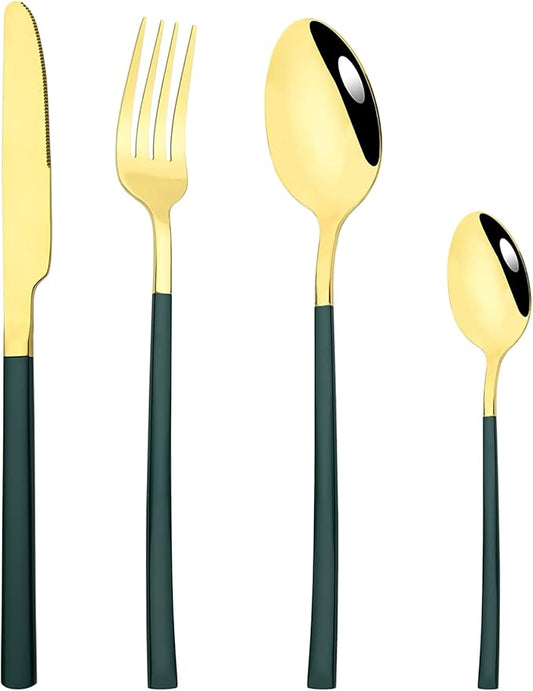 24-Piece Flatware Set, 18/0 Stainless Steel Knife Fork Spoon Teaspoon Silverware Set, Service for 6, Green slender handle Gold