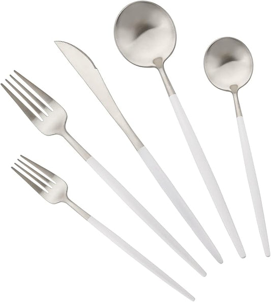 Flatware Set 18/10 Stainless Steel Matte White Handle Silver - Kitchen Utensil Serving Set of Dinner Fork Knife Spoons Salad Fork Dessert Spoon,5 Pcs Set of 1, for Home Kitchen Hotel (White + Silver)