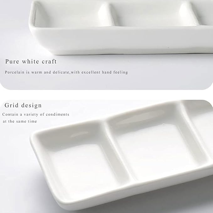 Dipping Sauce Dish Dipping Bowl Appetizer Plates Sauce Dish White Ceramic 3 Compartment Divided Soy Sauce Dishes Dipping Plates for Spice Dish Soy Sauce Vinegar Sushi Ketchup or Appetizer(2 Pack) Dipp
