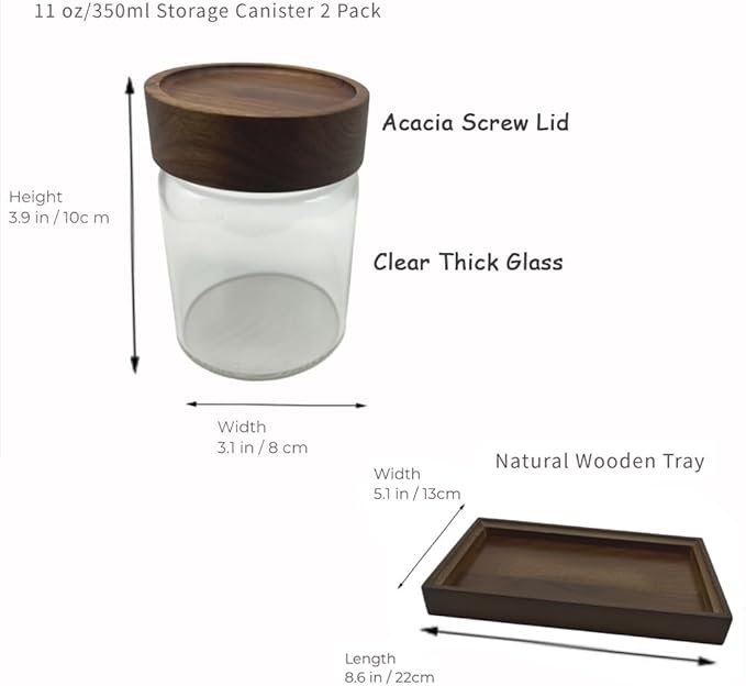 Clear Glass Storage Canister with Airtight Wooden Screw Lid 11oz/350g 2 PACK with Tray,Decorative Container Jar for Coffee,Spice,Candy,Salt,Cookie,Condiment,Pepper,Sugar,Overnight Oatmeal
