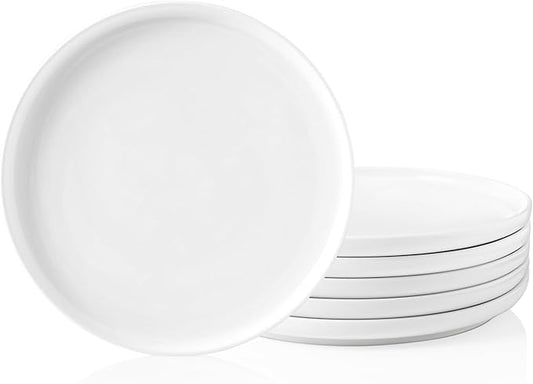 Kanwone Porcelain Dessert Salad Plates - 8 Inch - Set of 6, White, Microwave and Dishwasher Safe Plates, White Dishes, Morden Plates