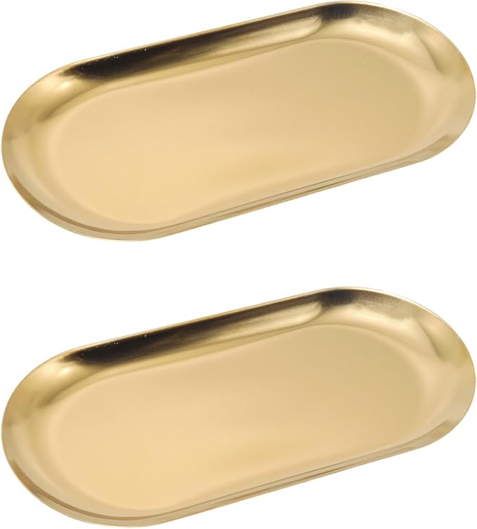 2 Pcs 7x3.35Inch Gold Stainless Steel Decorative Tray, Oval Stainless Steel Small Serving Trays for Tea Fruit, Jewelry Plate, Decorative Storage Tray