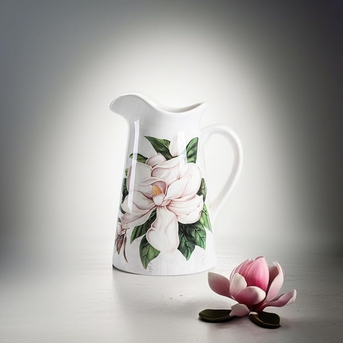 Bico Magnolia Floral Ceramic 2.5 Quarts Pitcher with Handle, Decorative Vase for Flower Arrangements, Dishwasher Safe