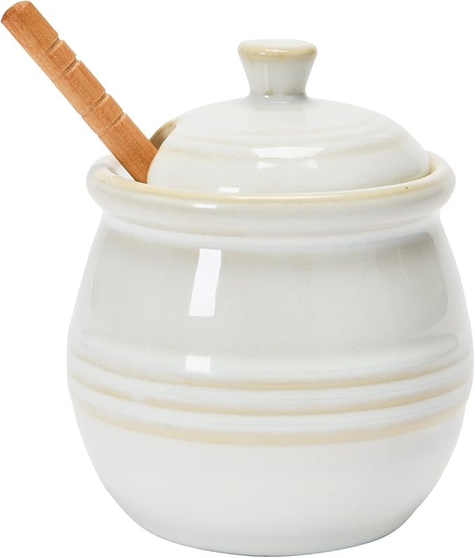 Creative Co-Op Farmhouse Embossed Stoneware Honey Pot with Wood Honey Dipper, White