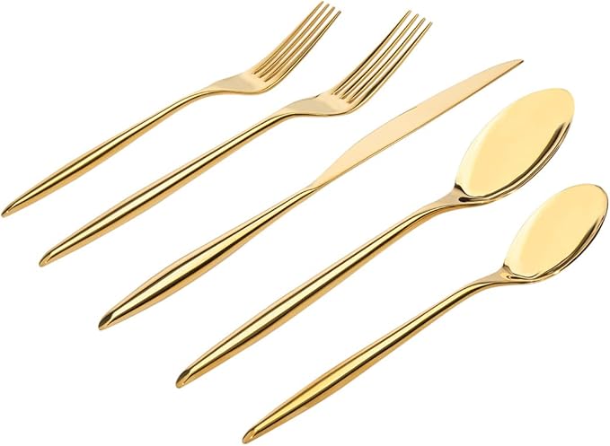 Godinger Flatware Set, Salad Fork, Dinner Fork, Tea Spoon and Table Spoon Gold, 20 Piece Set
