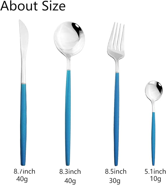 JASHII 24-Piece Titanium Plated Stainless Steel Flatware Set, Blue Handle Silver Mouth Utensils, Blue Silver Cutlery Set for 6
