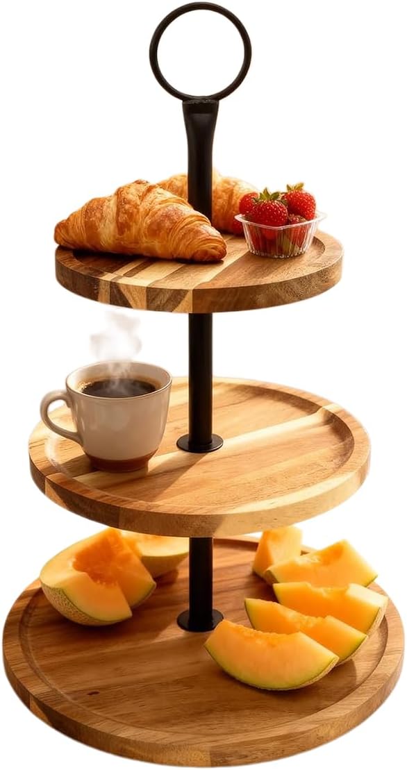1 Pcs Wood Dessert Tray, 3 Tier Round Cupcake Stand, Wood Tiered Serving Tray Cupcake Tower, Large Acacia Wood Dessert Display for Home Tea Party, Wedding, Farmhouse, Kitchen Decor