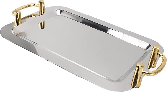 Stainless Steel Serving Plate, Elegant Mirror Finish Serving Tray Reusable Unbreakable Modern Kitchen Plates Golden with Handle for Hotel Restaurant Banquet (Rectangular (Length 16.9in))