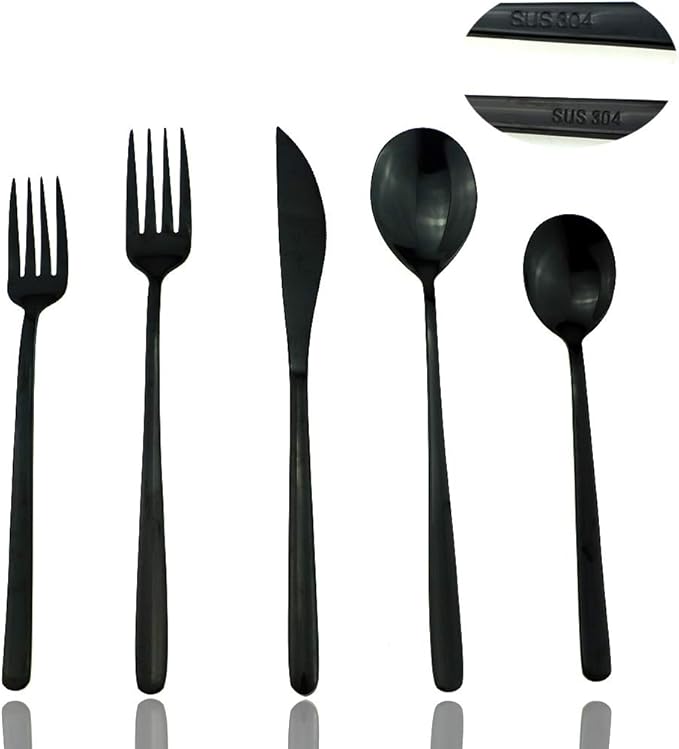 JASHII Mirror Polished Black 20-Piece SUS304 Stainless Steel Flatware Set,Silverware Set Dinner Knife Fork Spoon Dessert Fork Salad Spoon Service for 4
