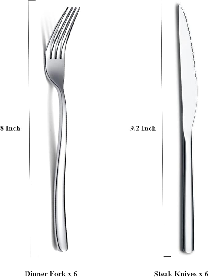Steak Knives Set 12 Piece, Premium Stainless Steel 6 Dinner Forks and 6 Dinner Knives Set, Steak Knives Steak Forks for 6 Person, Mirror Polish, Dishwasher Safe (Shiny Silver)