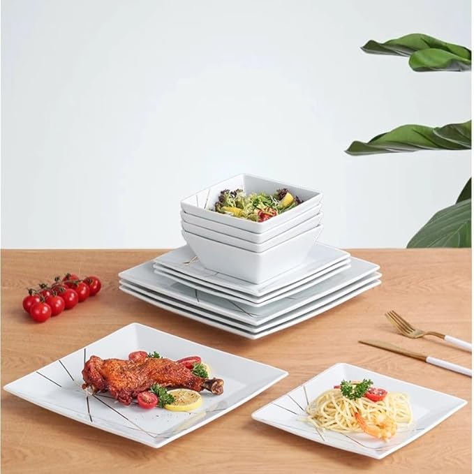 DOMINI 12-Piece Kitchen Dinnerware Set, Service for 4, Porcelain Dishes Dinner Set, Square Dinnerware Sets with Dinner Plates, Dessert Plates and Pasta Bowls,White gold line