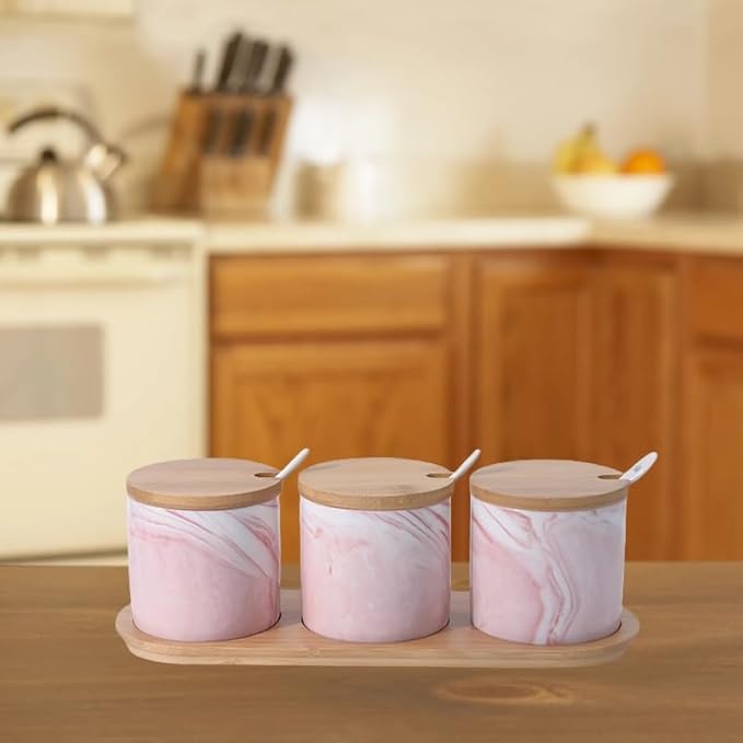 300ml Marble Ceramic Sugar Bowl with Bamboo Lids Spoon,Porcelain Salt Bowl Condiment Jar Spice Container Seasoning Condiment Pot Honey Jar for Home Kitchen (Pink)