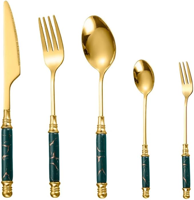 Premium Stainless Steel Silverware Set with Ceramic Handles, 5 Piece Knife, Fork, and Spoon Set with Marble Accents, Elegant Kitchen Utensils Set (Green (set of 5))