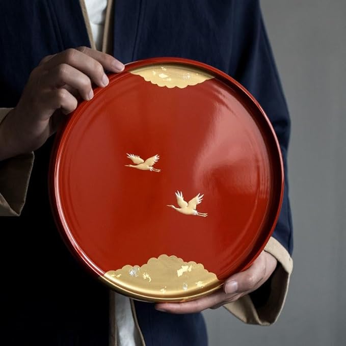 Wooden Tray Front Heavy Lacquer Resin Round Tray Japanese Handmade Crane Lacquer Tray Dry Tea Tray Tea Restaurant Dining Tray Serving Tray with Handles(A)
