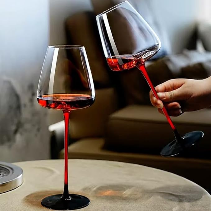 LEMONSODA Concave Champagne & Wine Glasses - Modern Red Stem & Black Bottom for Sparkling Wine, Rosé, Prosecco, Champagne – Handcrafted Barware, Perfect for gift (20oz, Set of 2)