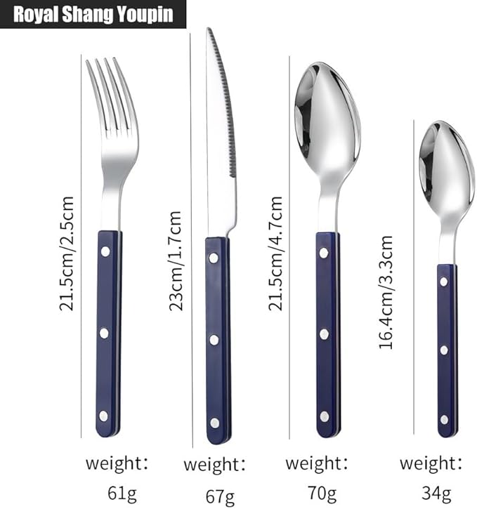 Rivet ABS Clamp Handle Kitchen Stainless Steel Silverware Tableware Flatware Cutlery Set Steak Knife Fork Spoon Teaspoon Western Tableware Butter Knife Set (Blue,16 pieces)