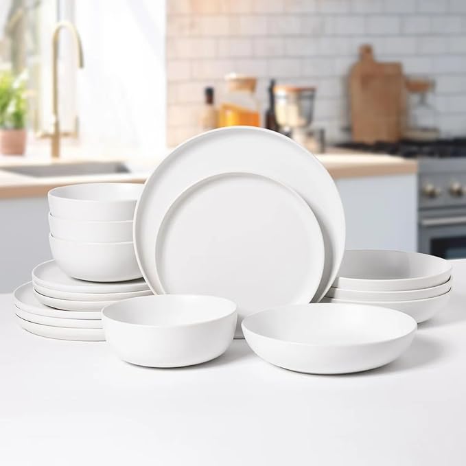 Stoneware Dinnerware Set, 16 Piece Plates and Bowls Set for 4, Microwave and Dishwasher Safe Tableware (white)