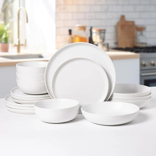 Stoneware Dinnerware Set, 16 Piece Plates and Bowls Set for 4, Microwave and Dishwasher Safe Tableware (white)