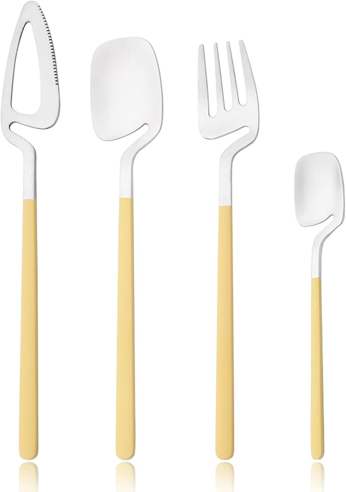 8 Pcs 304 Stainless Steel Flatware Set For 2 People, Matte Creative Hanging Cutlery With Bright Yellow Handles, Daily Use For Picnic Travel Hiking Couples And Friends (Yellow Silver)