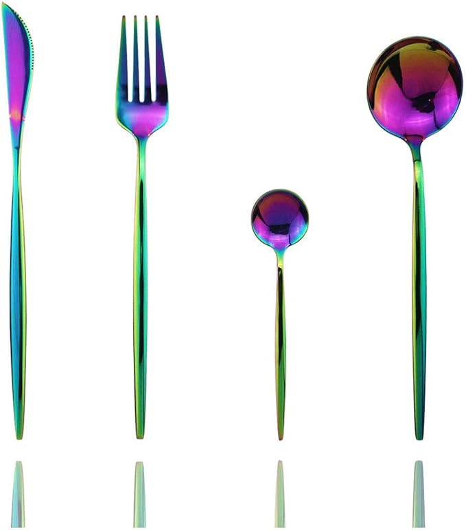 JASHII 4 Piece Silverware Set, 4-Pieces Flatware Set 304 Stainless Steel Cutlery Set Service for 1,Include Knife/Fork/Spoon,Mirror Polished (Rainbow)