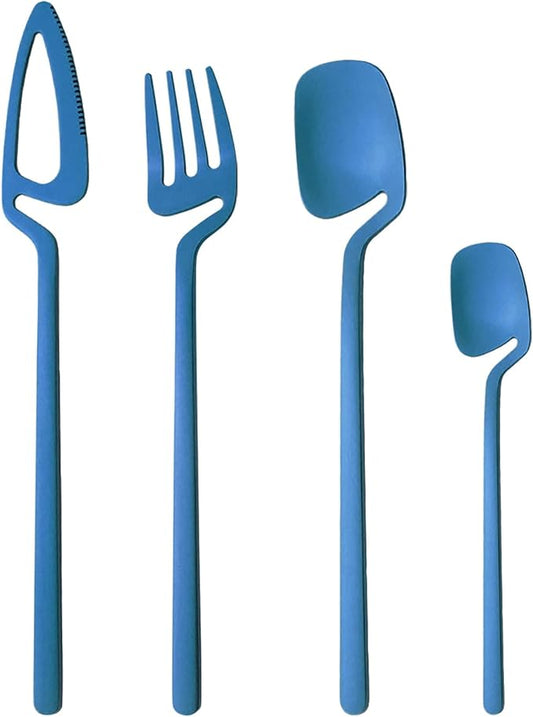 24-Pieces Hangable & Cute 18/10 Stainless Steel Flatware Set, Matte Cutlery Set Kitchen Dinnerware Include Knife/Fork/Spoon/Teaspoon Service for 6, Blue