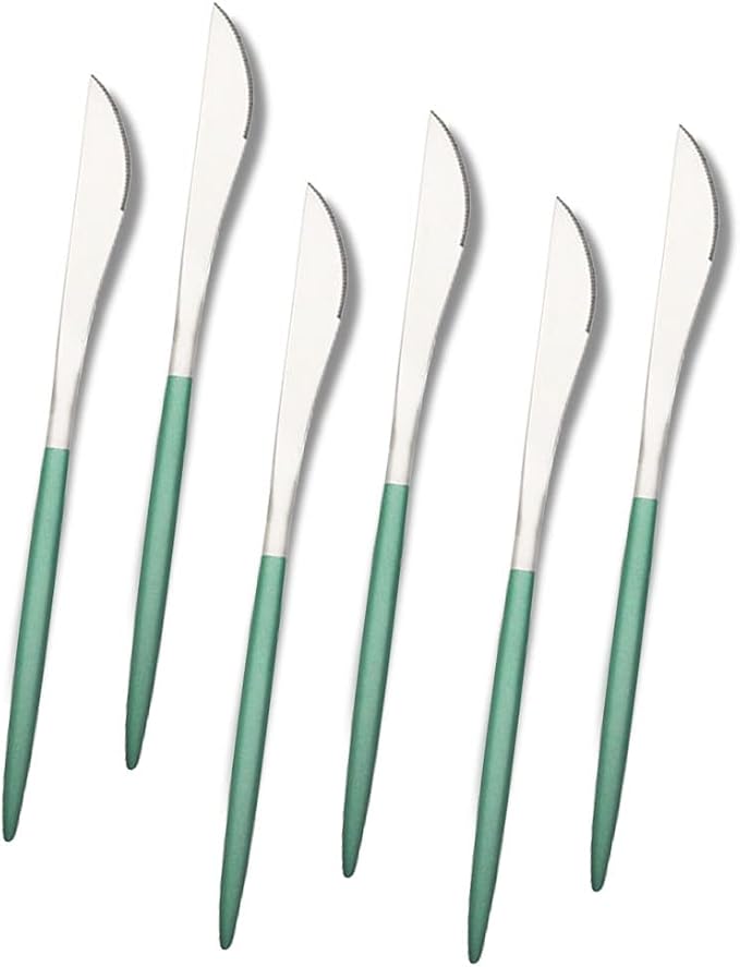 JASHII Matte Silver Dinner Knife Set,9-inch 304 Stainless Steel Steak Knife Set of 6, Dishwasher Safe, Modern Design with Green Handle.