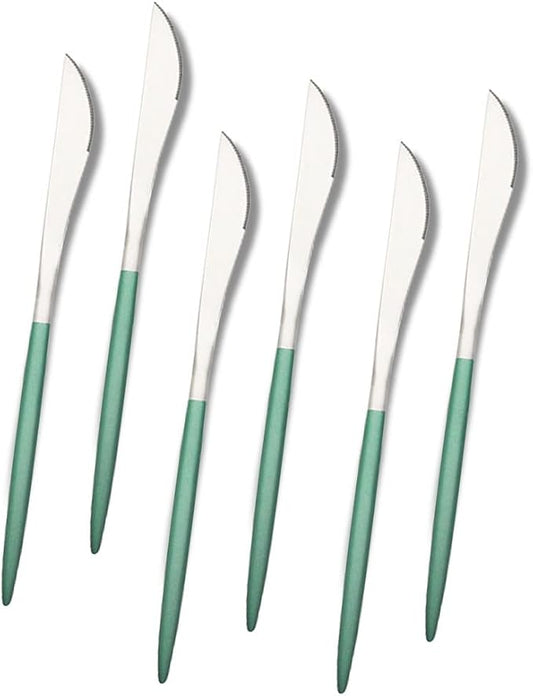 JASHII Matte Silver Dinner Knife Set,9-inch 304 Stainless Steel Steak Knife Set of 6, Dishwasher Safe, Modern Design with Green Handle.