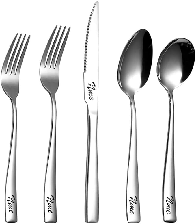 4-Set Personalized Flatware Set, 20-Piece Stainless Steel Cutlery, Includes 4 Knives/4 Forks/4 Spoons, Mirror Polished, Engraved Names