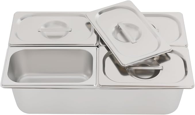 Four-Compartment Fruit Pan, with Acrylic Lids Water-Filtering 18 Pcs Serving Container Stainless Steel for Restaurants Food Trucks Cafes